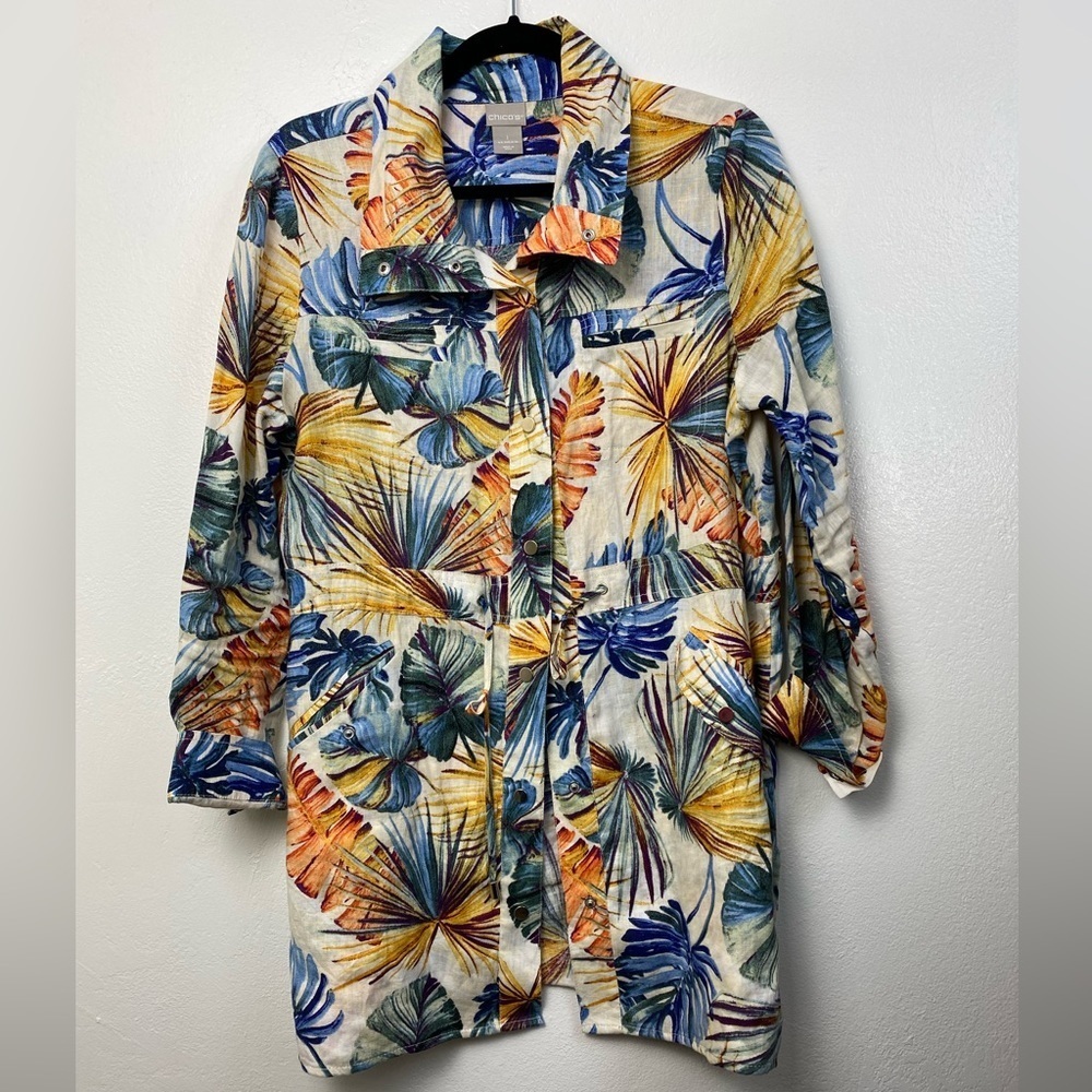 Chico’s Palm-Print Linen Utility Jacket Pockets Tropical Hawaiian‎ Summer Medium